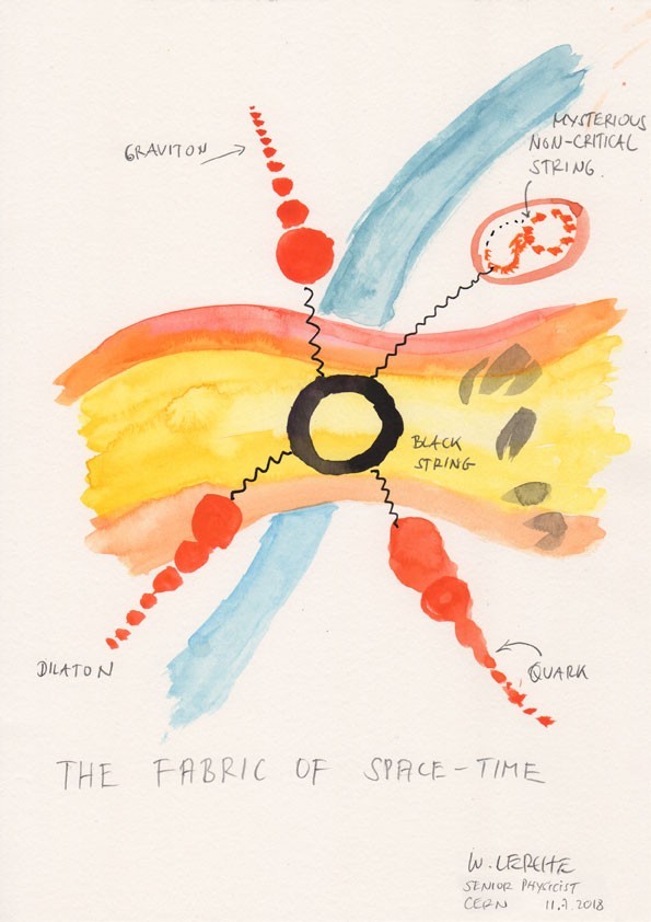 Watercolour by theoretical physicist Wolfgang Lerche depicting the fabric of space time July 2018, CERN, Geneva. Courtesy the artist