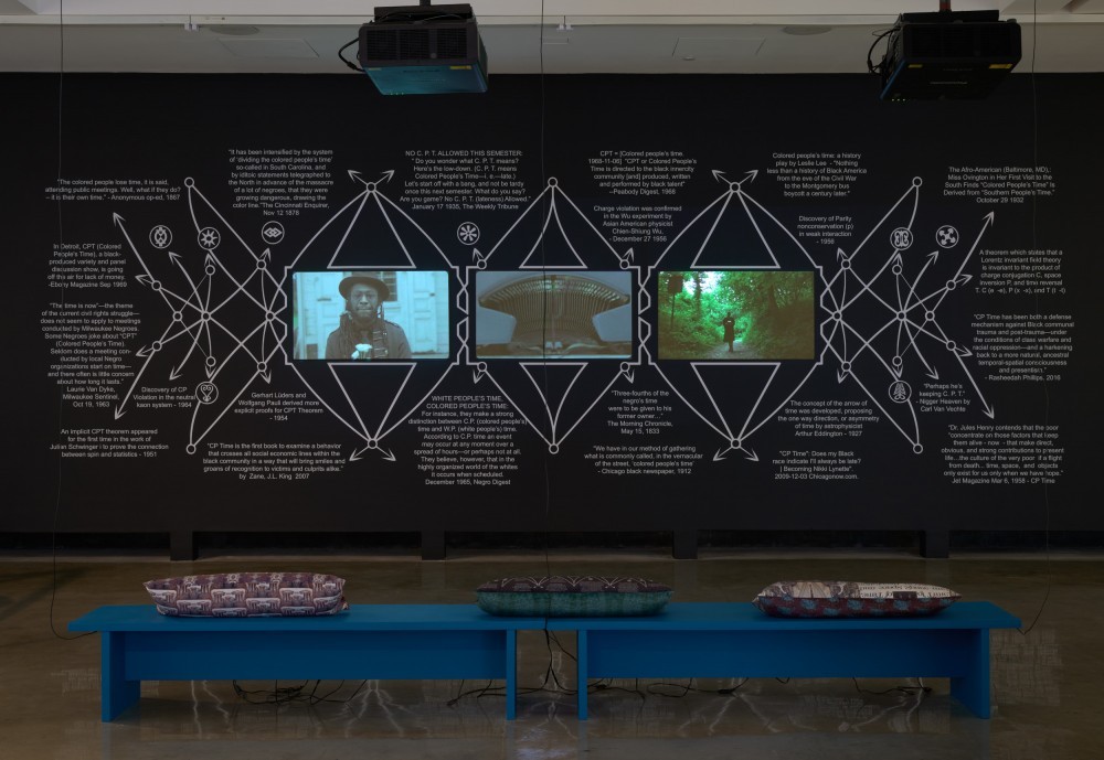 Black Quantum Futurism, CPT Timeline (2021) and Write no History (2021), installation view at REDCAT, LA. Photo by Brica Wilcox