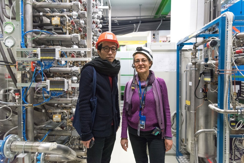 Artist Yunchul Kim, 2016 Collide Award, with physicist Despina Hatzifotiadou at the ALICE Experiment. Photo by Sophia Benner