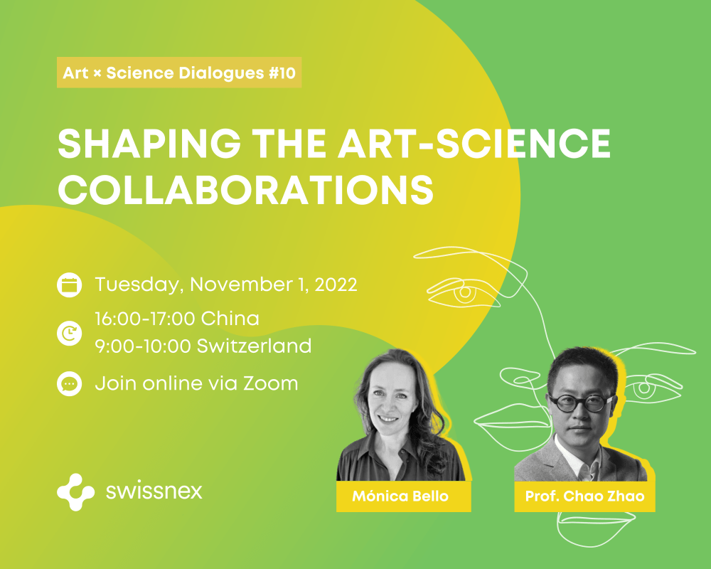Art x Science Dialogue promotional image that shows Mónica Bello and Chao Zhao's portraits and the details of the talk on a green and yellow background